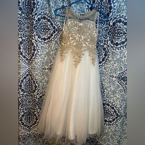 Beautiful petite/little girls white & gold pageant dress.